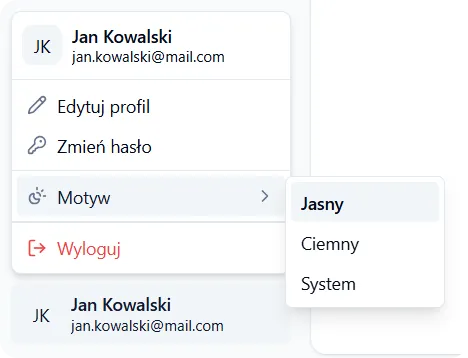 Menu konta użytkownika