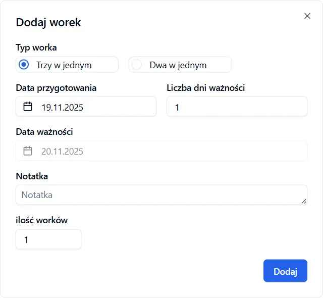 Formularz dodawania worka