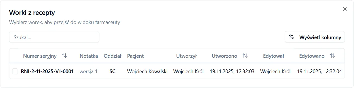 Dialog wyboru worka